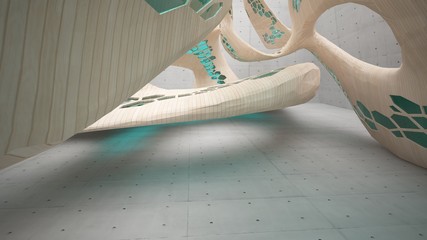 Abstract  concrete and wood parametric interior  with window. 3D illustration and rendering.