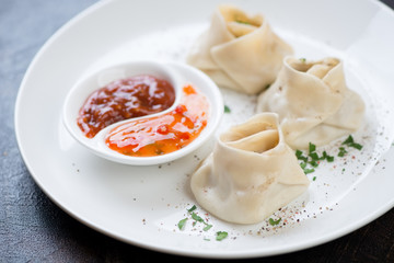 Close-up of manti or steamed meat dumplings with sauce and greens on a white plate, selective focus