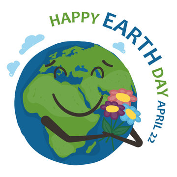 Earth (world planet) is holding a bouquet of flowers and smiling on a white background. Earth day banner.