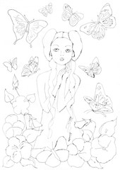 girl, butterflies, flowers on white background
