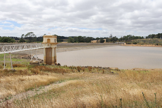Intake tower and service bridge at Malmsbury Reservoir in Australia