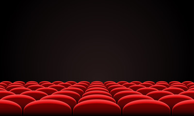 Movie citema seat hall interior. Vector theatre red seat chair in conference auditorium room. Row cinema red seat illustration on black screen background