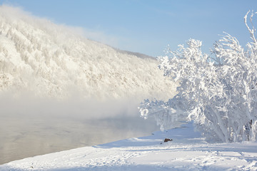 Russia, river Yenisei. Siberian frosts