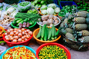 Vegetables and fruits for sale in the morning Asian market