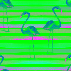 Watercolor Stripes Seamless Pattern with Flamingo.