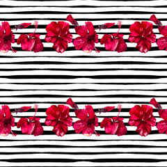 Hibiscus Seamless Pattern with Lines.