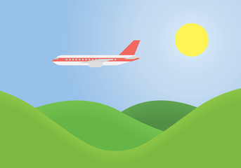 Green landscape with grassy hills and flying airplane on blue sky with sun -  suitable for advertising on vacation and travel