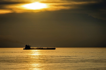 A tanker in sunset