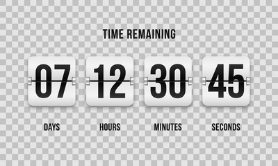 Flip countdown clock counter timer. Vector time remaining count down flip board with scoreboard of day, hour, minutes and seconds for web page upcoming event template design, under constuction page. - obrazy, fototapety, plakaty