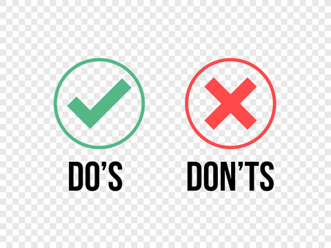 Do and Dont check tick mark and red cross icons isolated on transparent background. Vector Do's and Don'ts checklist or choice option symbols in circle frame