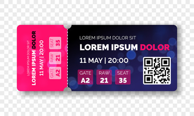 Ticket template modern trendy design. Vector admit ticket with event date and raw seat for cinema movie, live music concert or festival and football soccer and sport championship or club with QR code - obrazy, fototapety, plakaty
