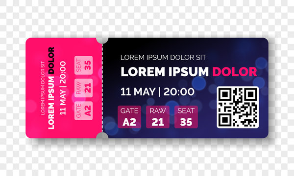 Ticket template modern trendy design. Vector admit ticket with event date and raw seat for cinema movie, live music concert or festival and football soccer and sport championship or club with QR code