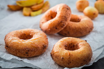 Closeup of sweet homemade donuts ready to eat
