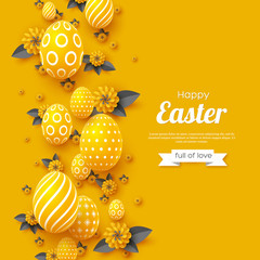 Obraz premium Easter holiday greeting card. Paper cut flowers yellow and grey colors with 3d eggs, holiday background. Vector illustration.