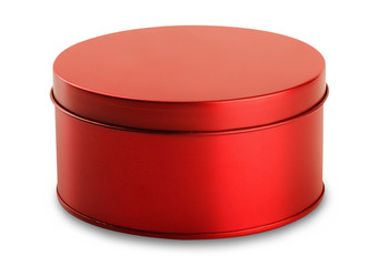 Round white red glossy tin can with lid