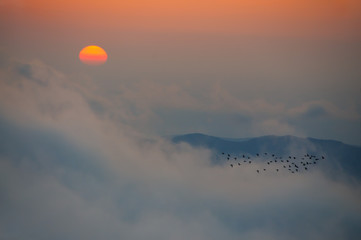 Sunrise on the Khambal mountane ridge in the clouds