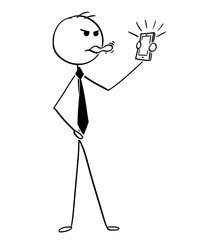 Cartoon stick man drawing conceptual illustration of angry businessman sticking out his tongue on mobile phone.