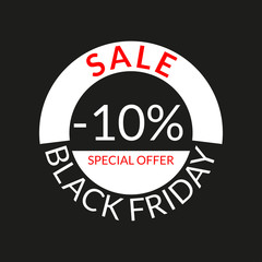10% sale tag or discount icon. Save 10 percent of price. Black Friday design template.  Vector illustration.