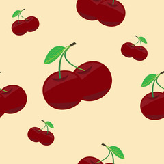 Seamless pattern with cherry and leaf on yellow background. Retro style.