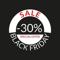 30% sale tag or discount icon. Save 30 percent of price. Black Friday design template.  Vector illustration.