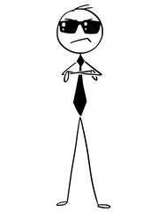 Cartoon stick man drawing conceptual illustration of self-confident businessman in sun glasses and hands crossed. Business concept of success and confidence.