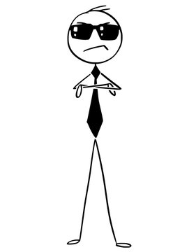 Cartoon stick man drawing conceptual illustration of self-confident businessman in sun glasses and hands crossed. Business concept of success and confidence.