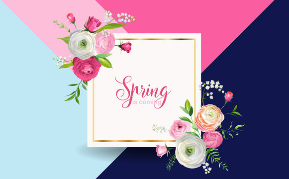 Hello Spring Floral Design with Blooming Pink Flowers. Botanical Springtime Background for Decoration, Poster, Banner, Voucher, Sale. Vector illustration