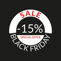 15% sale tag or discount icon. Save 15 percent of price. Black Friday design template.  Vector illustration.