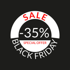 35% sale tag or discount icon. Save 35 percent of price. Black Friday design template.  Vector illustration.
