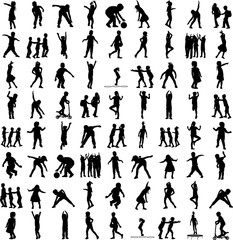 Children silhouettes playing outdoor isolated on white background. Collection of happy children in different positions. Kid play on playground. Kid gymnastic different position. Active boys and girls.