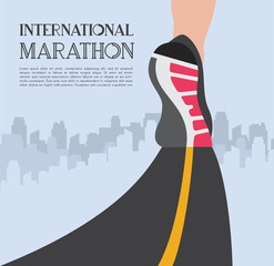 city running marathon. athlete runner feet running on road closeup on shoe in skyscraper city landscape background. illustration vector