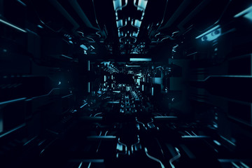 Fly inside of futuristic metallic corridor 3d illustration