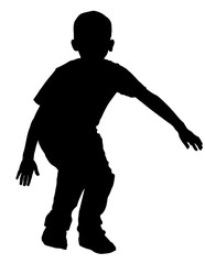 Fototapeta na wymiar Happy joyful kid, little boy doing exercises vector silhouette isolated on white background. Boy jumping and playing funny game. Spread hands widespread open position. Smiling child enjoy trampoline
