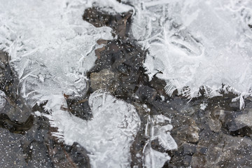 A frozen pool with broken ice.