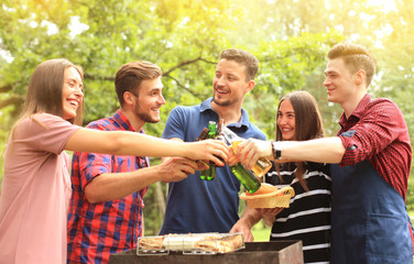 Friends toasting beer at barbecue in nature.