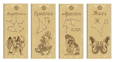 Set with Archer, Capricorn, Aquarius and Pisces Zodiac symbols banners on texture. Hand drawn graphic illustration. Template background, suitable for print, card, poster, bookmark