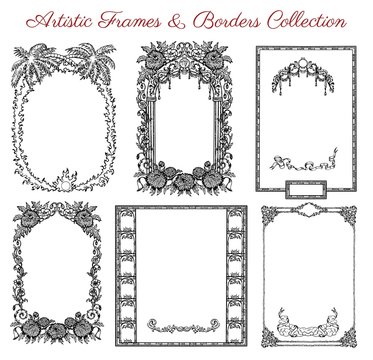 Vector graphic set with antique frames and old borders. Hand drawn collection of vintage illustrations for cards, posters, invitations, banners, print