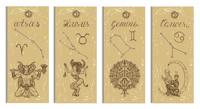 Set with Aries, Bull, Gemini and Cancer Zodiac symbols banners on texture. Hand drawn graphic illustration. Template background, suitable for print, card, poster, bookmark
