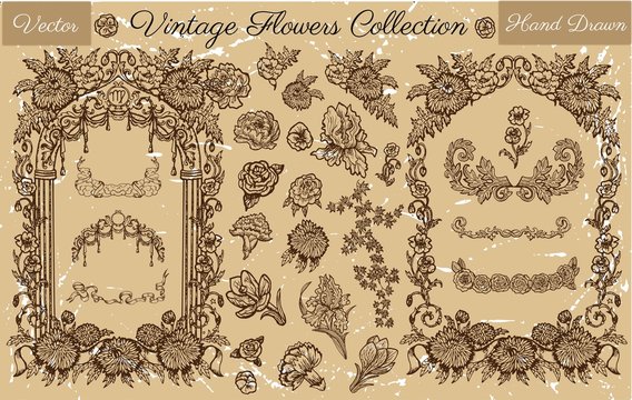 Hand drawn collection with vector engraved flowers and old filigree frames for cards, invitations, posters, banners, badge, logo, web design. Graphic illustrations in vintage style
