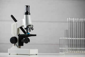 Laboratory Microscope. Scientific and healthcare research background.. drug tests tubes - 196841990