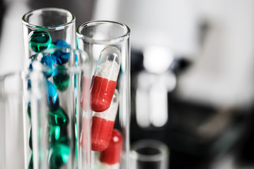 Laboratory Microscope. Scientific and healthcare research background.. drug tests tubes