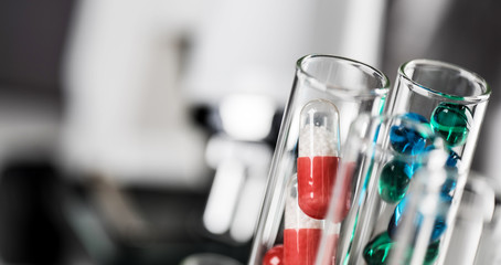 Laboratory Microscope. Scientific and healthcare research background.. drug tests tubes