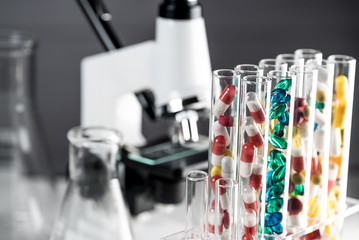 Laboratory Microscope. Scientific and healthcare research background.. drug tests tubes