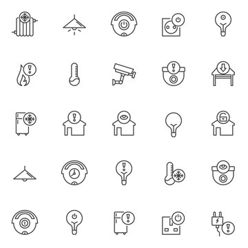 Automation outline icons set. linear style symbols collection, line signs pack. vector graphics. Set includes icons as radiator cold, lamp light on , cleaner off, light bulb on, socket, fire danger