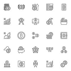 Bitcoin outline icons set. linear style symbols collection, line signs pack. vector graphics. Set includes icons as bitcoin coin stacks, data center, growing graph chart, medal, computer monitor