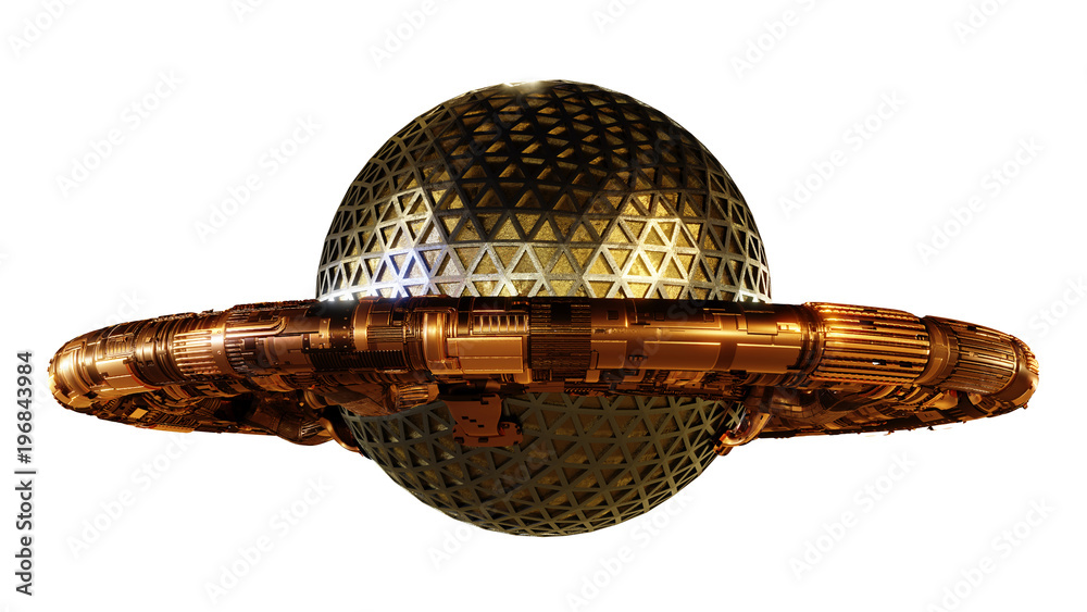 Wall mural ufo, alien spaceship isolated on white background, flying saucer with steampunk design (3d rendering
