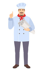 Chef pointing up and holding the project plans