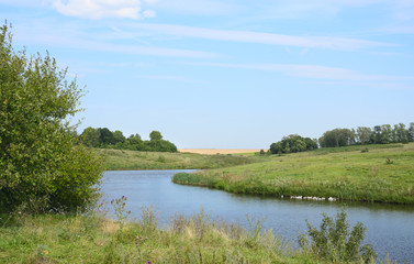 Fototapeta premium Sunny summer landscape.Green hills,fields and meadows.River Krasivaya Mecha in Tula region,Russia.Countryside scene.Bright blue sky with clouds. 