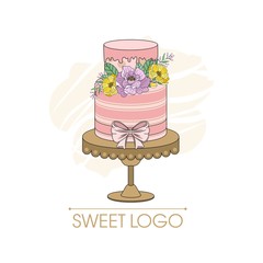 A sweet logo for a candy store with flowers and leaves. The concept of wedding ornament. Flower poster. Vector decorative greeting cards, invitation background design.