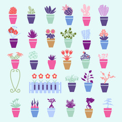 Collection colorful silhouette of garden, house flowers and herbs plants in pot